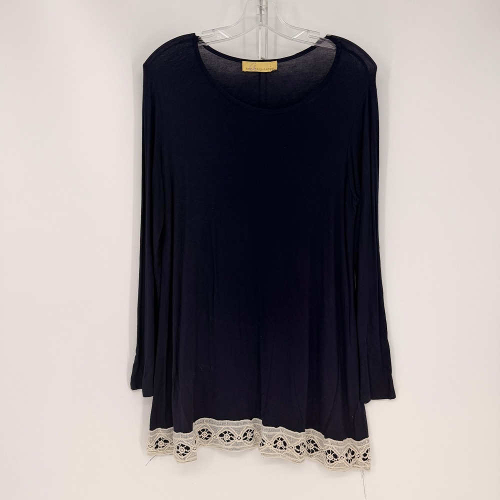 how.very.loved Tunic Top Womens L Navy Blue Lace Trim Boho Cottagecore Boutique